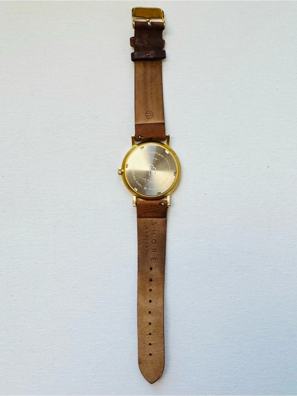 SHORE Projects POOLE Sapphire Crystal 39mm Men's Gold White Watch Brown Leather